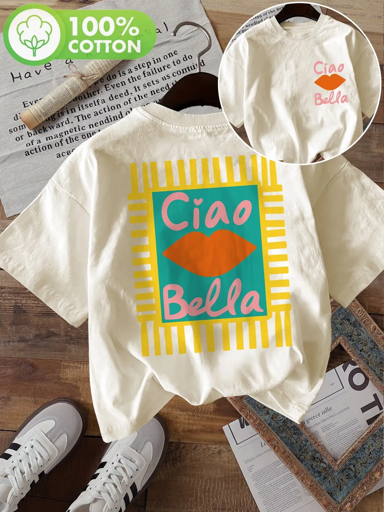 90s Ciao Bella Letter Print Y2k 100% Cotton Women's T-Shirt Soft Crew Neck Short Sleeve Top Graphic Tee Shirt