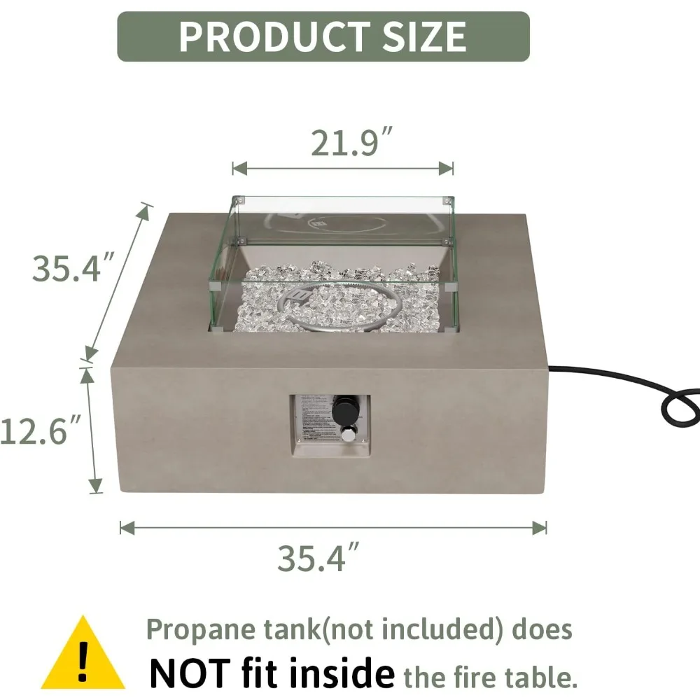 Outdoor Propane Fire Table, 50,000 BTU Stainless Steel Burner, Transparent Fire Glass & Rain Cover, Metal Lid，Fire Pit