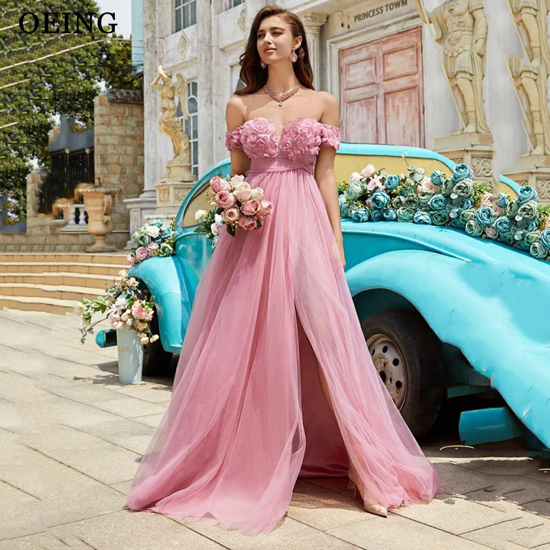 

OEING Princess A-Line Prom Dress Pink 3D Rose Flower Off Shoulder Side High Slit Birthday Party Dress vestidos Customized