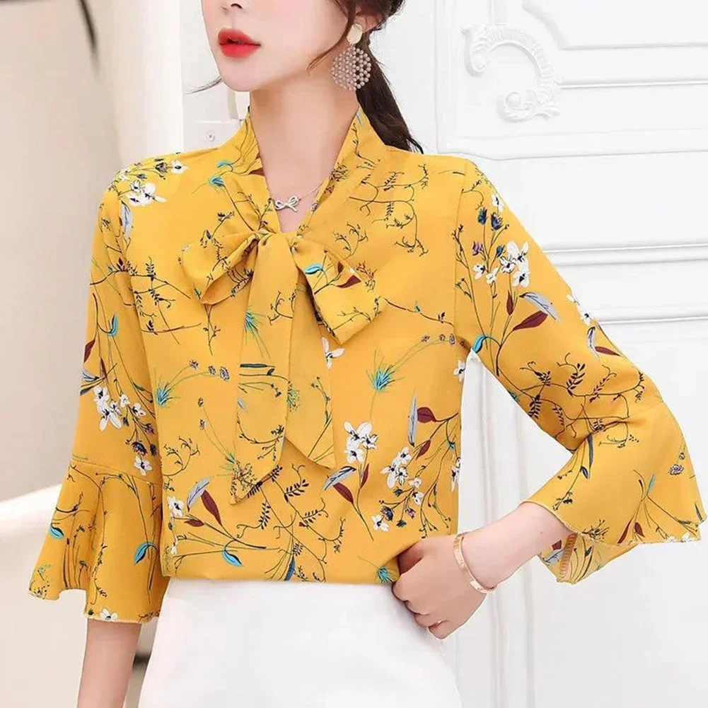 Legant Chiffon Blouse Women Office Long Sleeve Printing Women's Shirt With Bow Loose V Neck Floral Clothing Tops