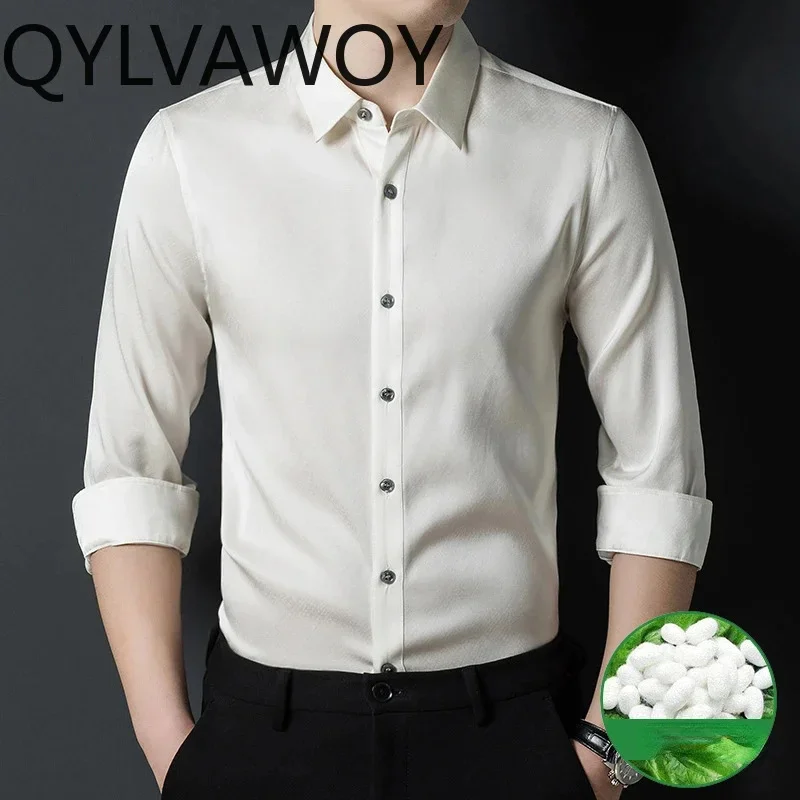 

QYLVAWOY 92.5% Mulberry Silk Shirts for Men Clothing 2025 Spring Autumn Mens Business Casual Long Sleeve Top White Shirt