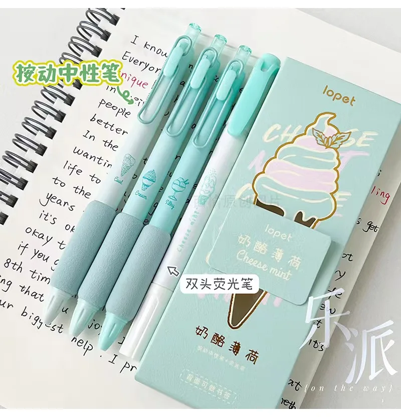 4 Pieces Cute Summer Ice Cream Black 0.5MM Kawaii Push Pen Korean Carbon Pen Highlighter Pen Student Gel Pen School Supplies