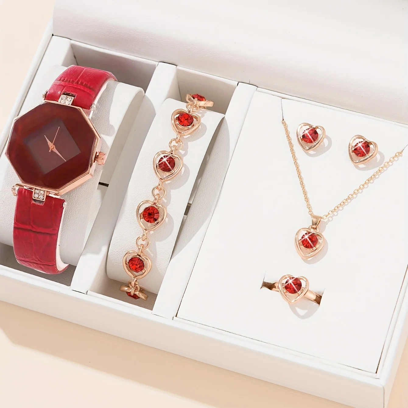 1pc Rhinestone Decor Quartz Watch Casual Polygon Pointer Analog Wristwatch & 5pcs Jewelry Set, Best Gift For Her(no box)