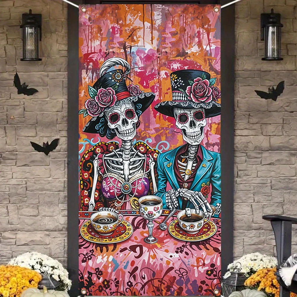1-teilige große Türabdeckung für den Tag der Toten – Haustürdekoration mit rosa Themen, Totenkopf-Paar-Muster, Polyester-Banner