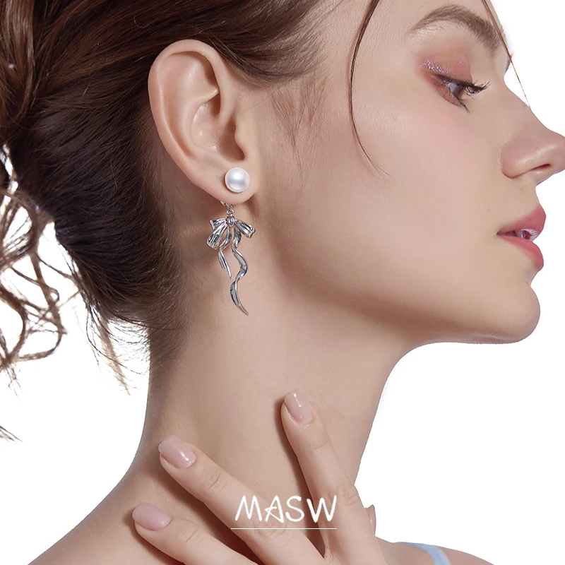MASW Original Design Sweet Temperament Simulated Pearl Bowknot Earrings For Women Girl Gift Fashion Jewelry Popular Style