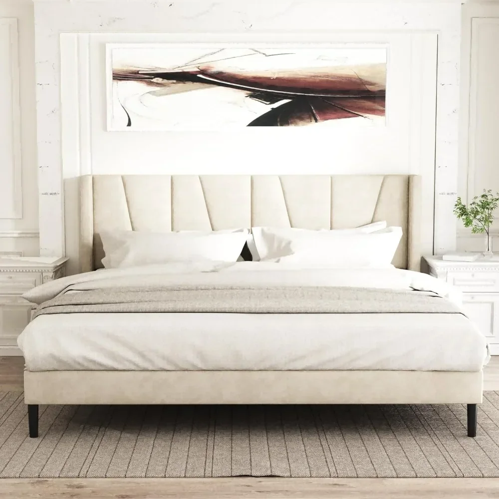 

A King-size bed frame with velvet geometric headboard and wing back, modern mattress base, no box springs required, beige