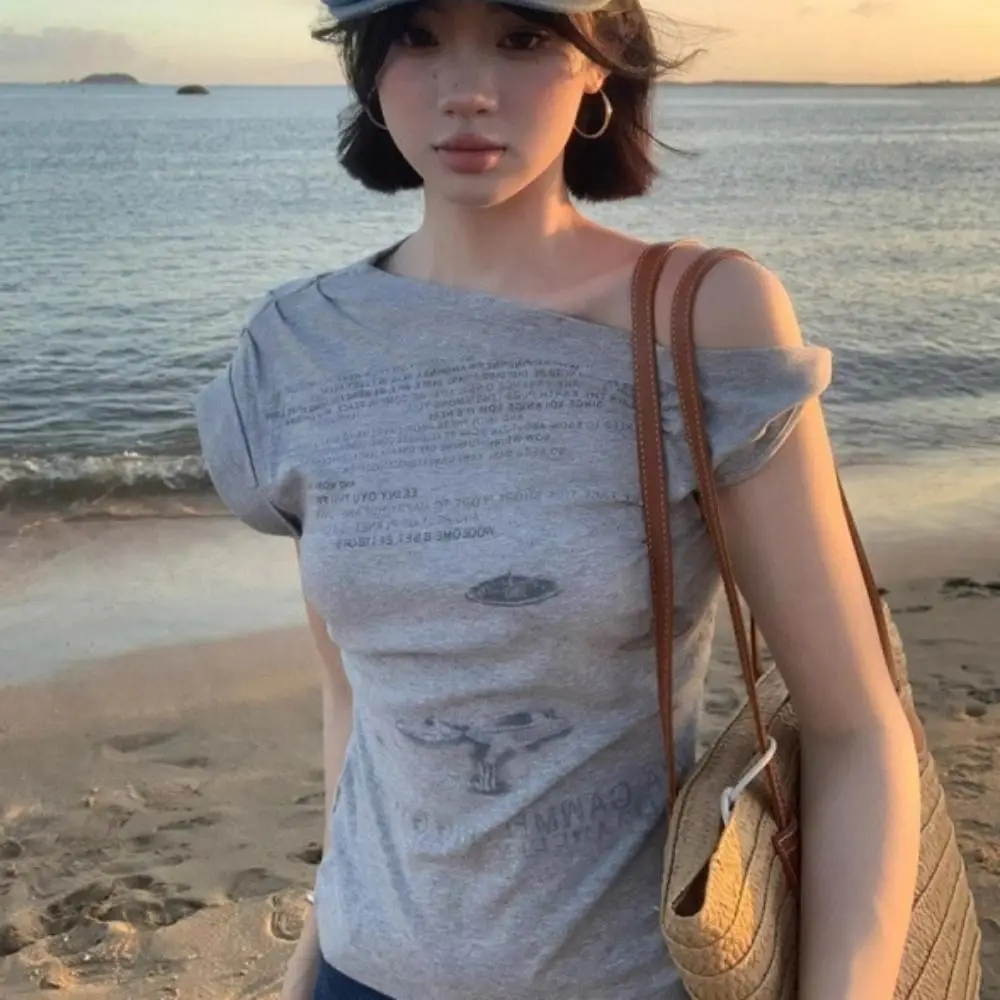 

Модная футболка с коротким рукавом и надписью, приталенный пуловер, укороченный топ Y2K, женская шикарная рубашка с открытыми плечами в стиле ретро, летний топ