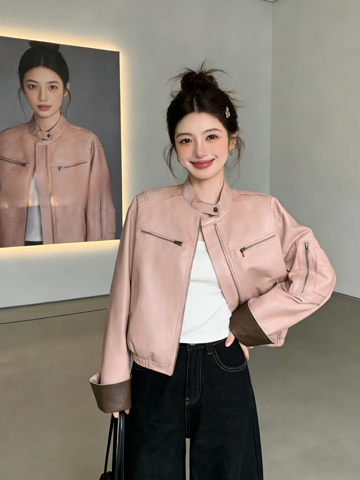 Jaqueta Feminina Retrô Americana Rosa de Couro Estilo Motoqueira, Coleção Primavera 2026, Design Moderno e Elegante, Corte Ajustado, Agasalho de Algodão