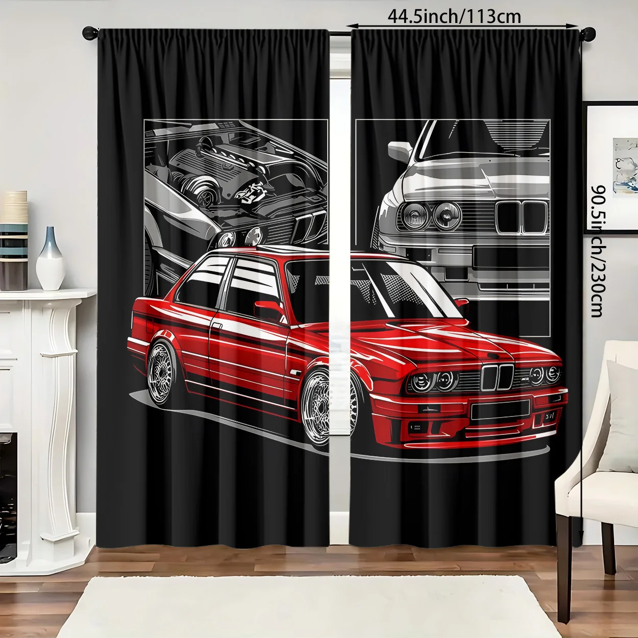 Retro Red Sports Car Curtains 2 Panels, Classic Sedan Engine Sketch Black Solid Background for Car Lover Bedroom Curtain