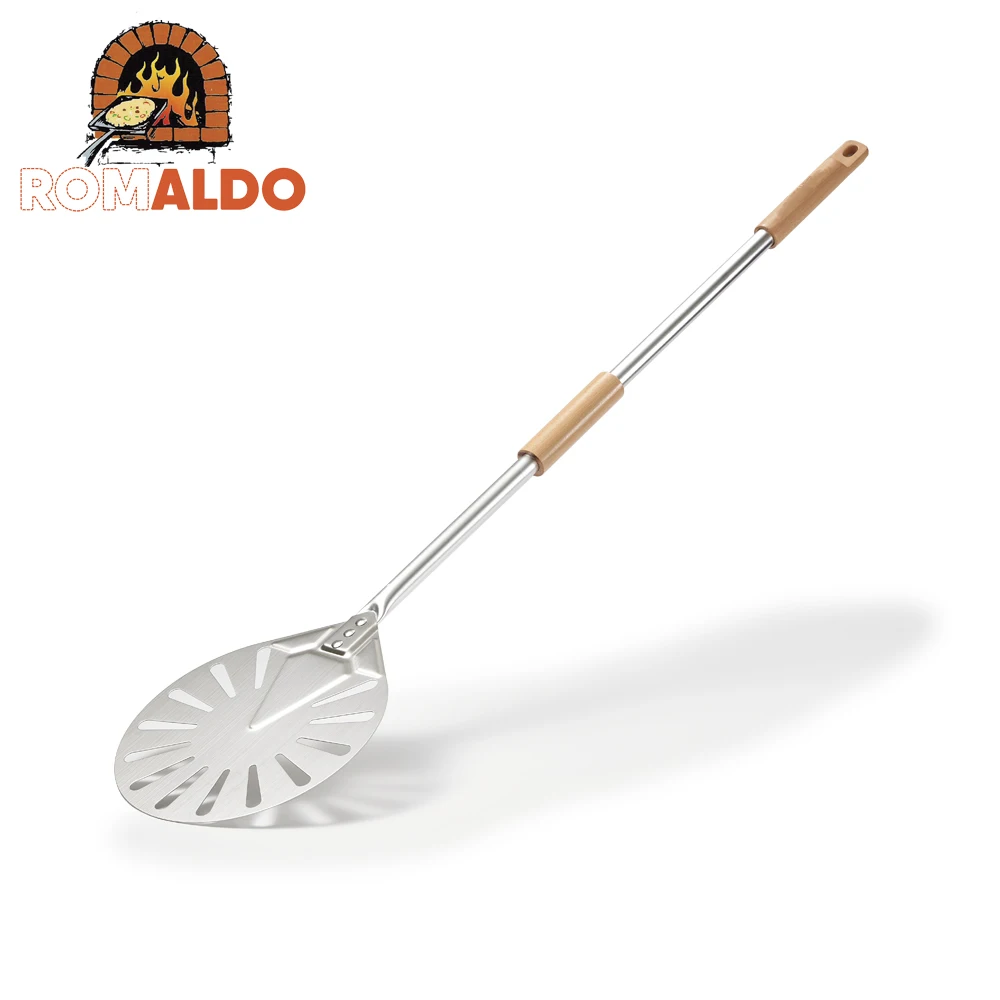 ROMALDO 7/8/9 Inch Turning Pizza Peel Stainless Steel Perforated Pizza Paddle Aluminium Alloy Handle with Wooden Sliding Sleeve