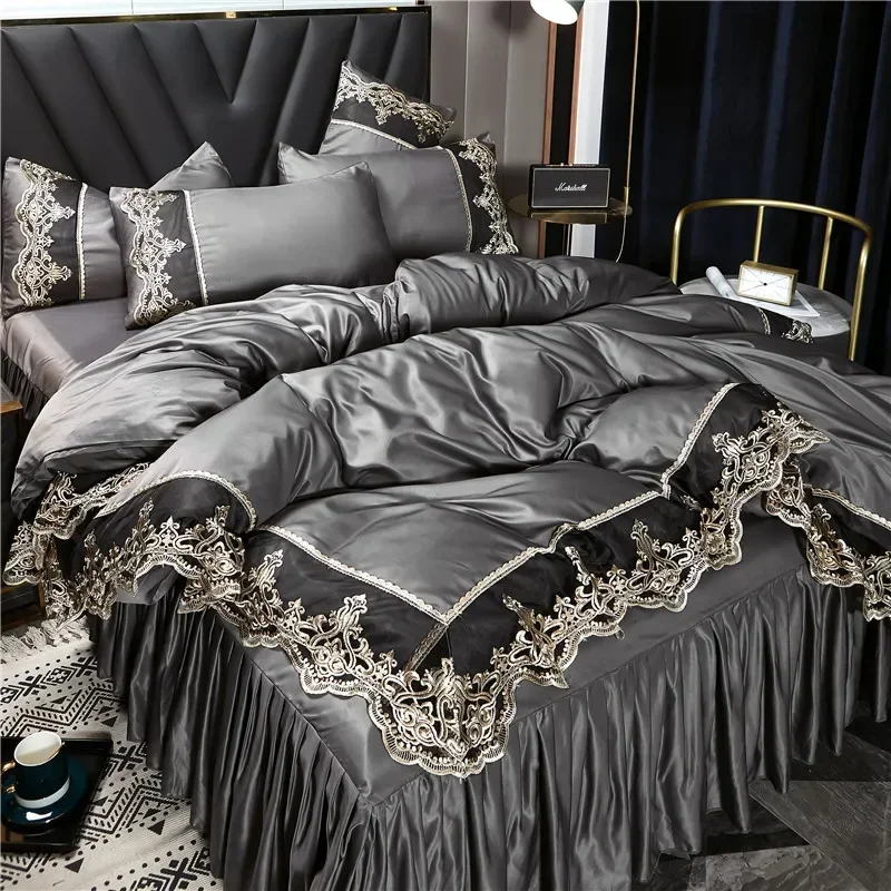 New Princess style big lace side bed on four-piece set washed ice silk silk silk bed skirt white bedspread