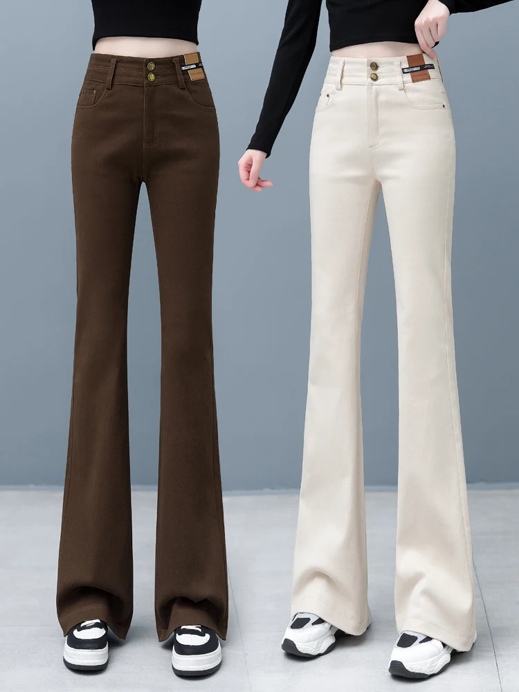 

Джинсы-клеш с высокой талией и широкими штанинами для женщин: повседневные, облегающие, из смесового хлопка, удобные, дышащие, весна-осень, новый стиль