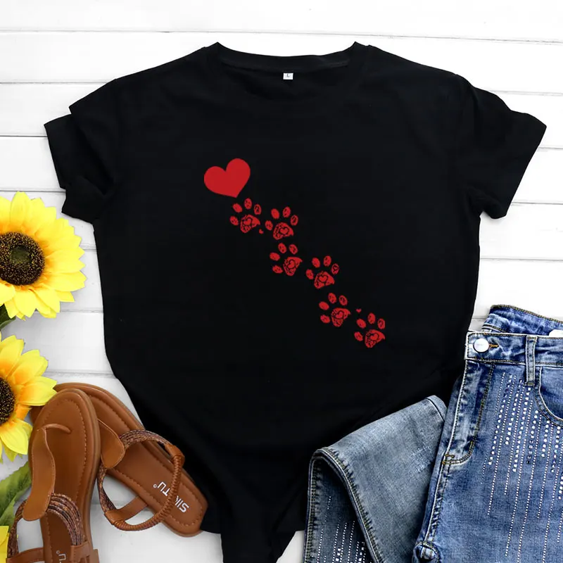 

Women's Cotton T-irt ort Sve Heart Footprint Simple Design Summer Top Street Sle Print Slim Fit round Ne Basic Tee