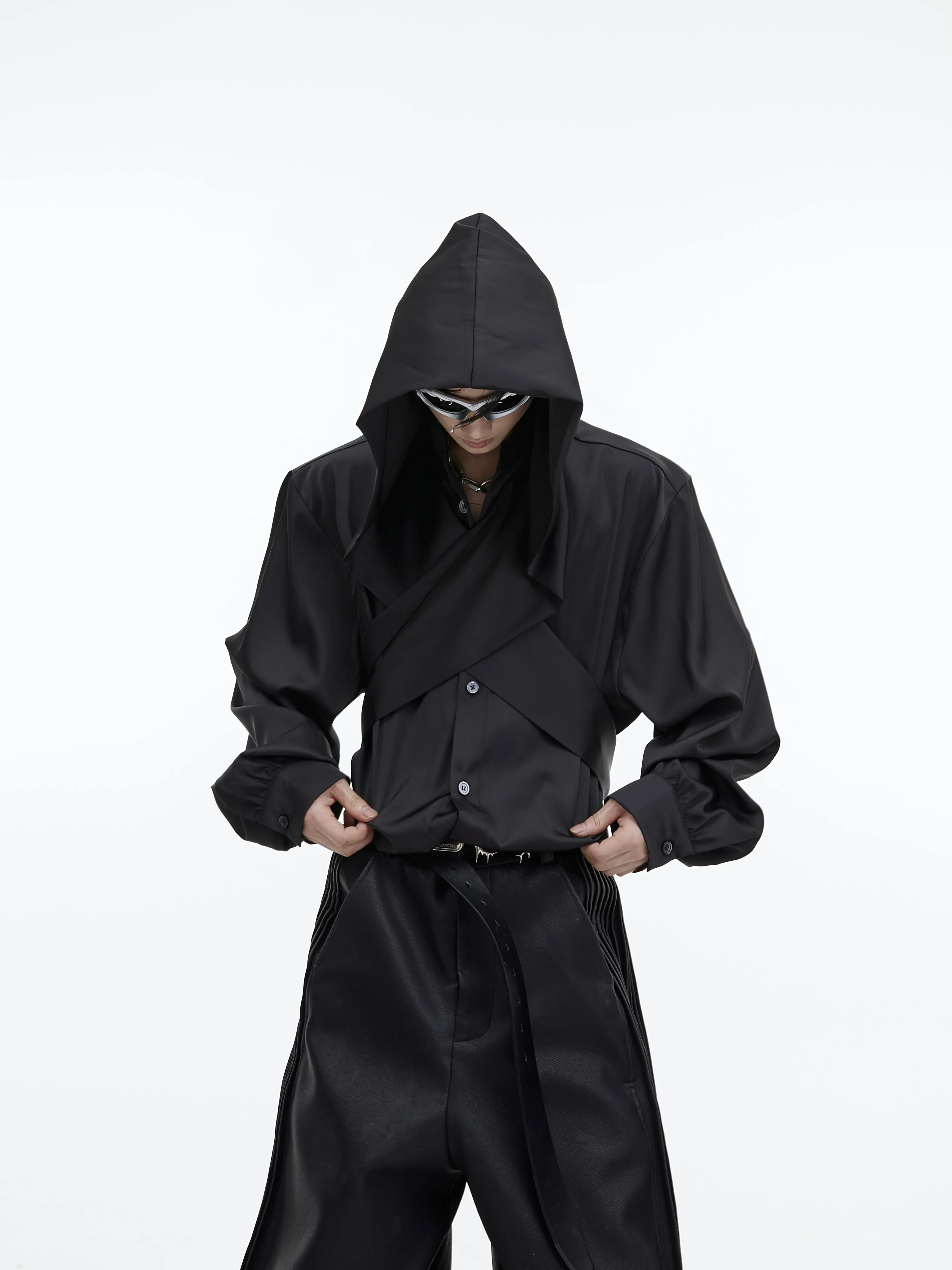 Unique Ice Silk Long Sleeve Shoulder Drop Shirt for Men Simple Loose Casual Style Pure Color V-Neck Button down Open Cardigan