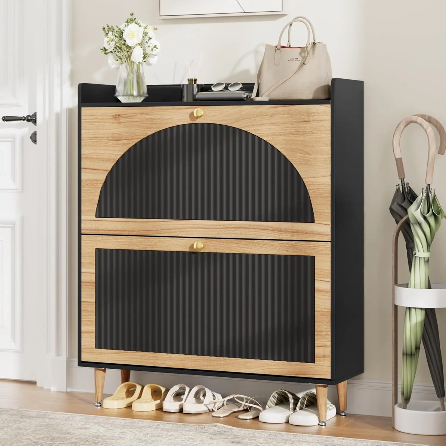 

Shoe Storage Cabinet With 2 Flip Drawers, Shoe Organizer Storage With Adjustable Shelves, Freestanding Hidden Slim, Customized