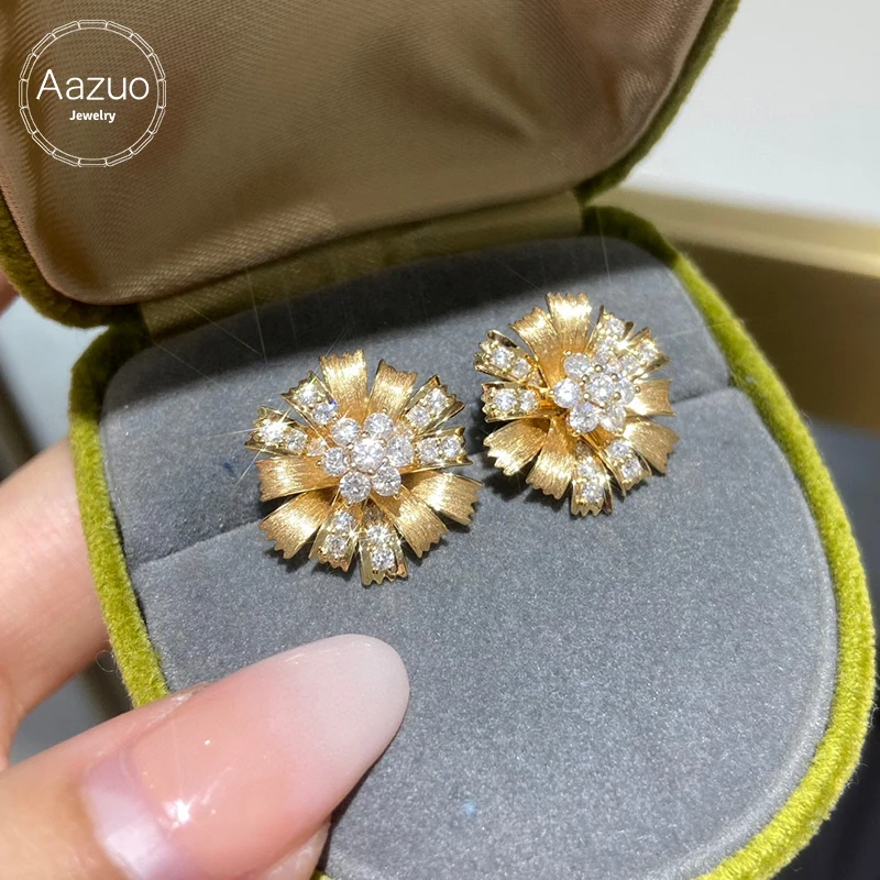 Aazuo Fashion 18K Yellow Gold Real Natrual Diamonds 0.96ct Little Daisy Flower Stud Earrings Gifted For Women Senior Banquet