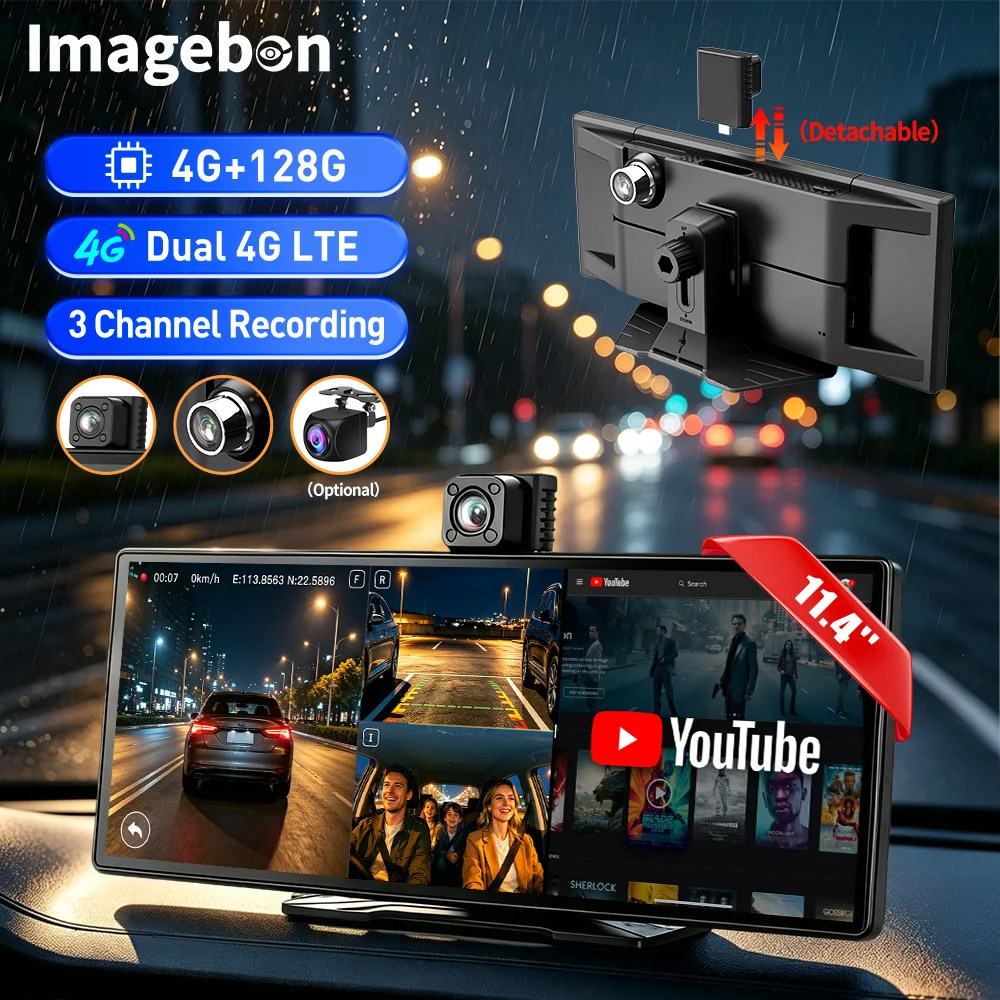 Imagebon M100 Plus 11.4' 4G ESIM Android 15 8 Core 3 Channel Dashcam 4+128G Wireless CarPlay Android Auto GooglePlay Car Stereo
