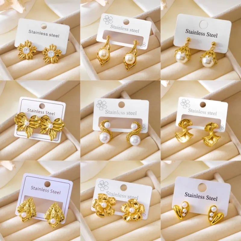 

Stainless Steel Liquid Flower Pearl Earrings for Women Fashion Geometry Heart Stud Earrings Luxury Aesthetic Jewelry Gifts