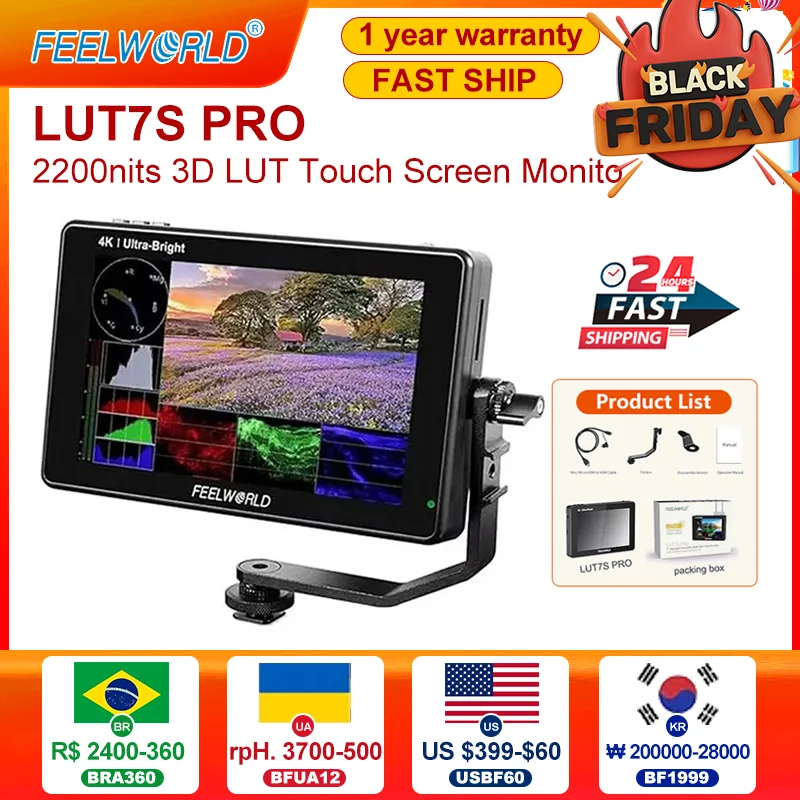 NEW FEELWORLD LUT7S PRO 7 Inch 2200nits 3D LUT Touch Screen DSLR Camera Field Director AC Monitor 4K HDMI 3G-SDI Input Output