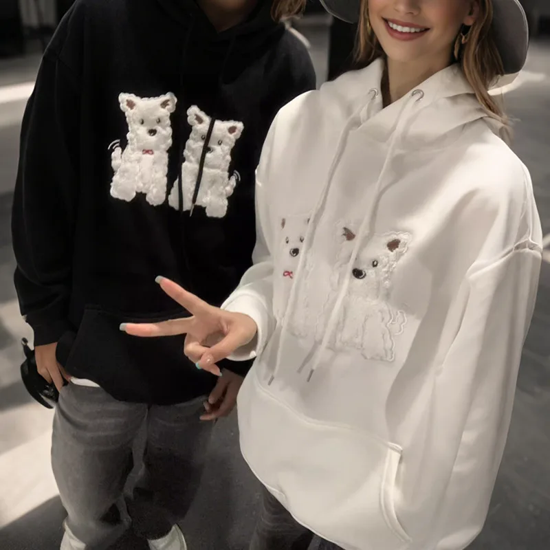 2026 Spring Korean College Style Cute Twins Dog Embroidered Hoodie Men Couple Matching Hooded Sweatshirt Lover Cute Pullovers