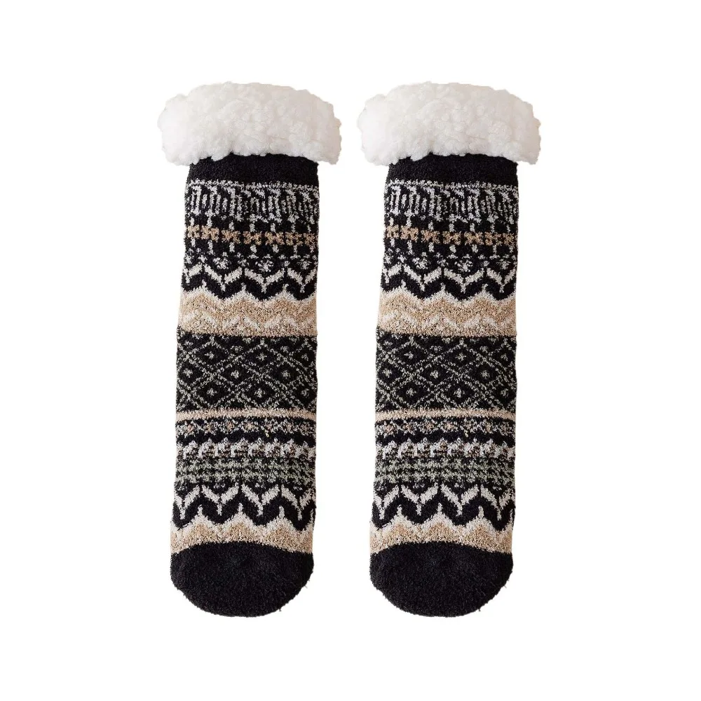 

National Style Patchwork Fleece Socks Women Mid Tube Anti Slip Thicken Velvet Socks Hosiery Plush Winter Floor Socks Winter