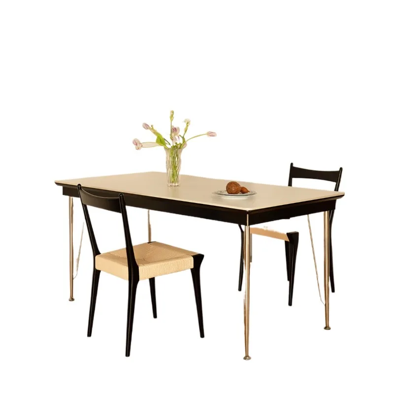 Solid wood rock slab dining table, medieval style simple retro home small apartment rectangular desk