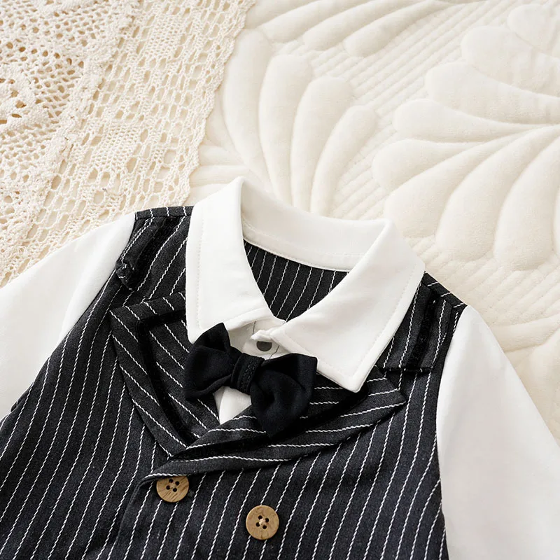 الخريف 100% القطن 0-18 أشهر الوليد محبوك العمودي شريط رمادي داكن ملابس أطفال نيسيي شهم بوي الطفل بذلة كول