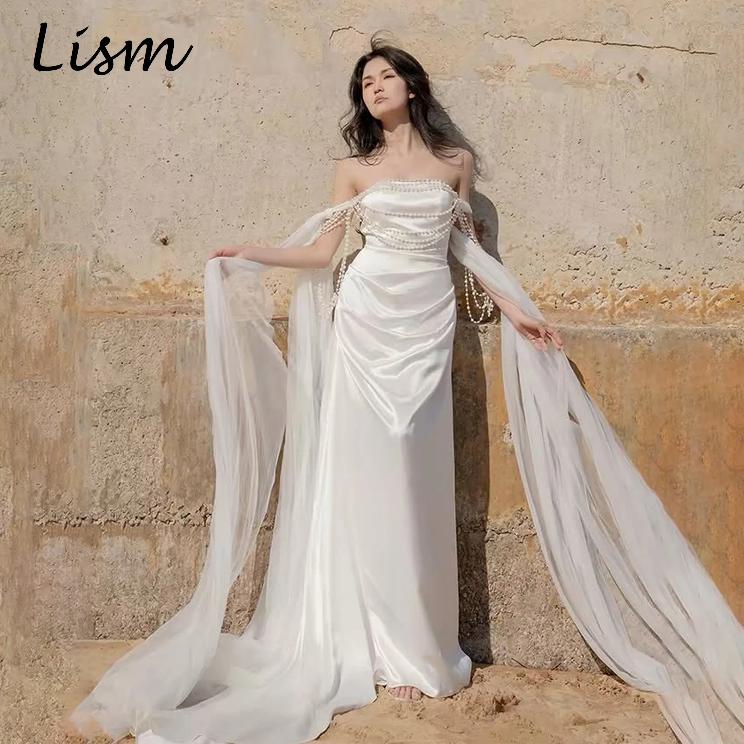 

Lism Gorgeous Off Shoulder Wedding Dresses Strapless A-line Floor-Length Zip Beading Korea Wedding Dress Photo Shoot Customized