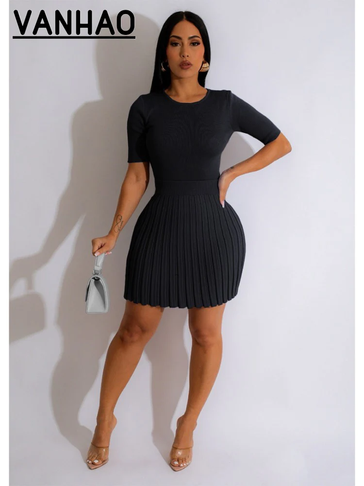 

VANHAO Solid Color Wool Knitted Comfortable Hip Skirt Casual Two Piece Set Summer Hot Girl Fashion Slim High Waist Two Piece Set