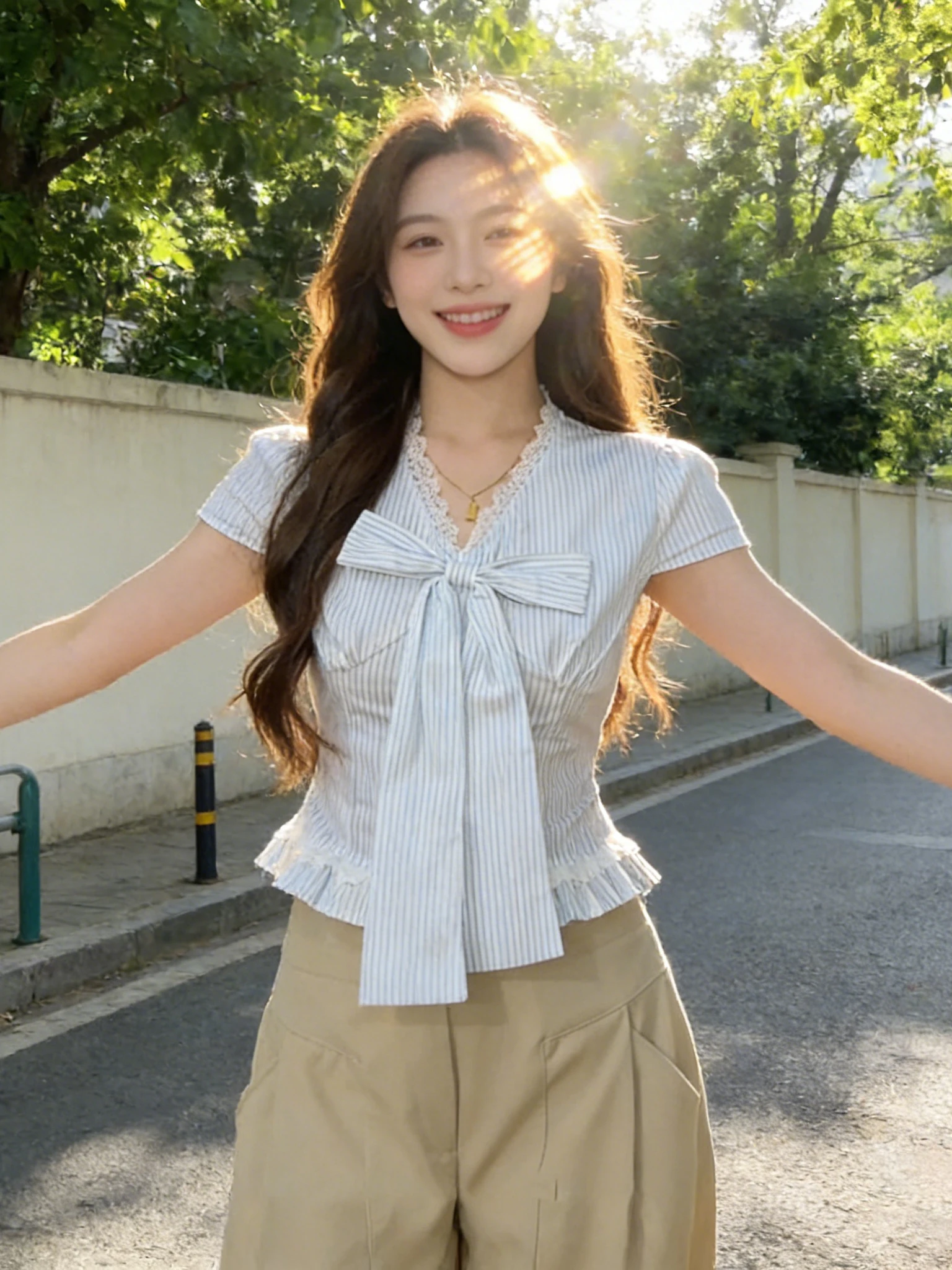 

Sweet Knot V-Neck Short Striped Shirt Women Summer Lace Trim Waist Cinch Slim Short Sleeve Top French Style Loose Fit