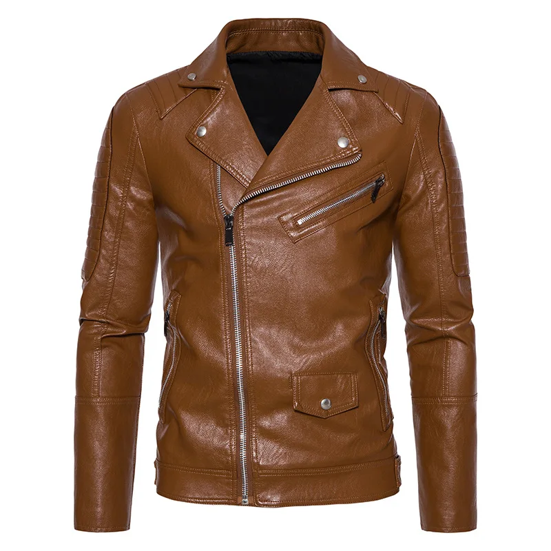 

2023 Men's Oblique Zipper Lapel Leather Coat Youth Fashion PU Leather Biker's Leather Jacket