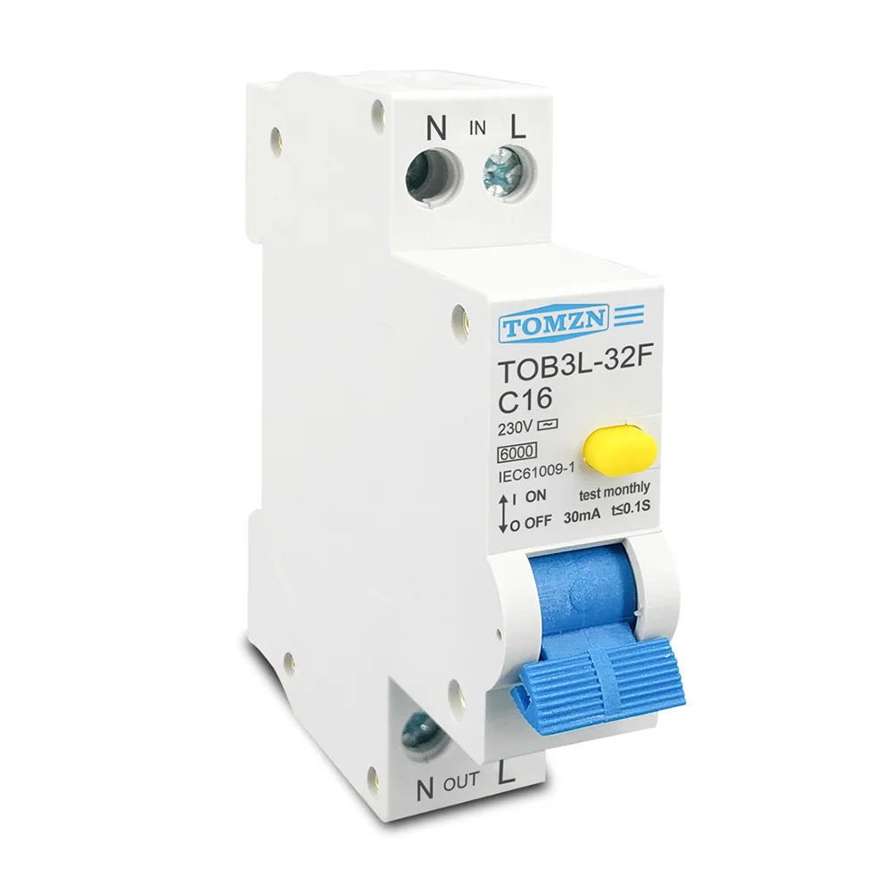 TOMZN 18MM 230V RCBO 1P+N 6KA Residual Current Differential Automatic Circuit Breaker with over Current Leakage Protection, 16A