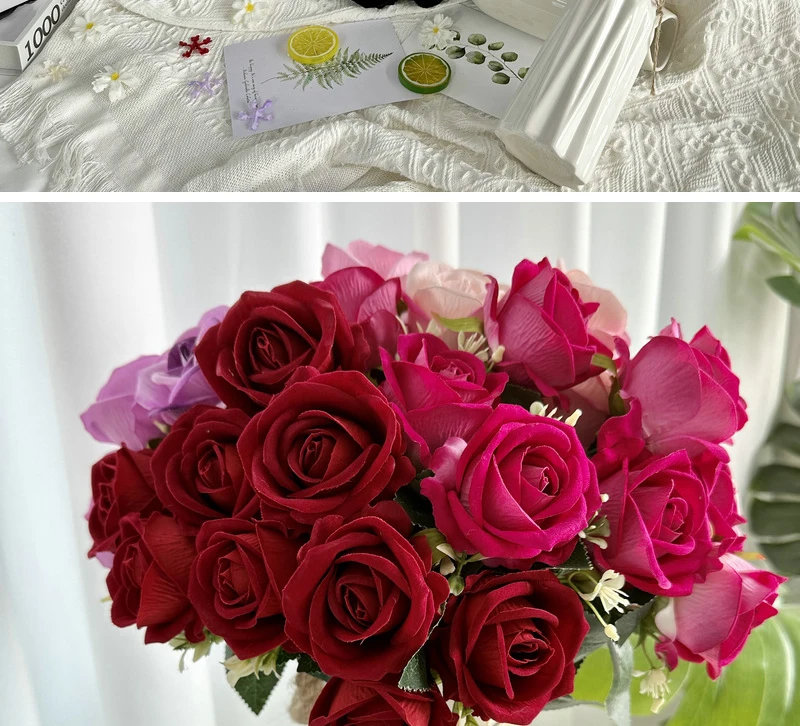 9-köpfiger Seidenrosen-Kunstblumenstrauß, Deko-Blumenarrangement für Zuhause, Tischvase, Foto-Requisite, Valentinstagsgeschenk – Detail 7