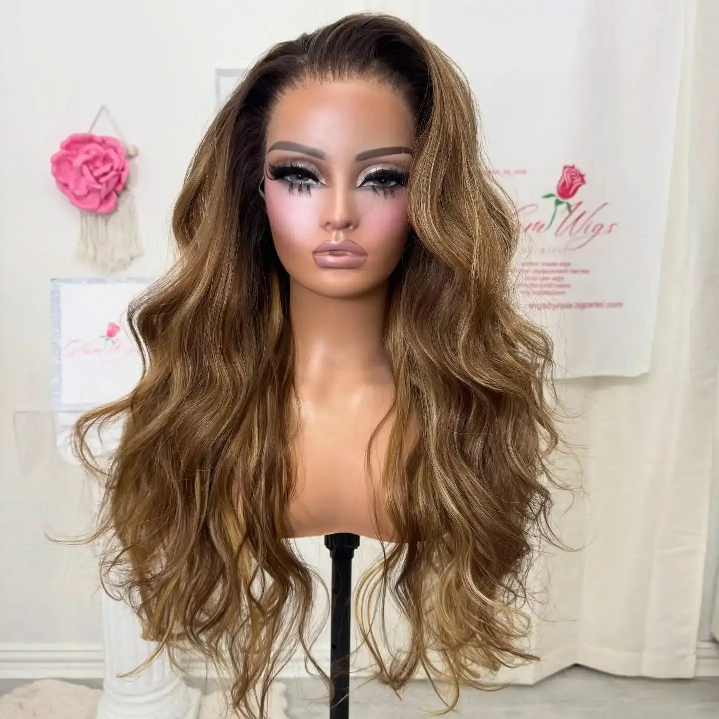 High Quality Ombre Highlight Honey Brown Wave Lace Front Wig For Women Cosplay Wig Premium Synthetic Fibre Human Hair Wig Female