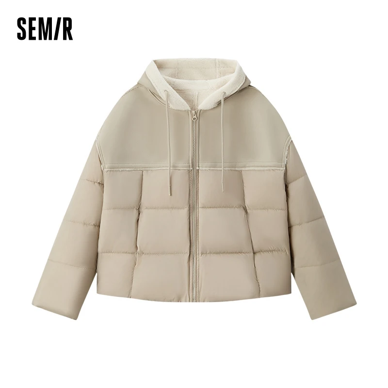 Semir Cotton Jacket Women Patchwork Loose Cotton Jacket Retro 2024 Winter New Furry Hooded Puffer Coat Trendy Cotton Jacket