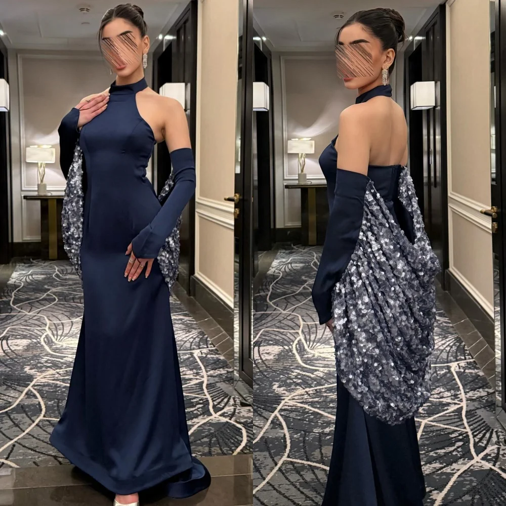 

Customized Modern Style Fashion Jersey Sequined Pleat Mermaid High Collar Long Dresses Bespoke Occasion Dresses Sizes Available
