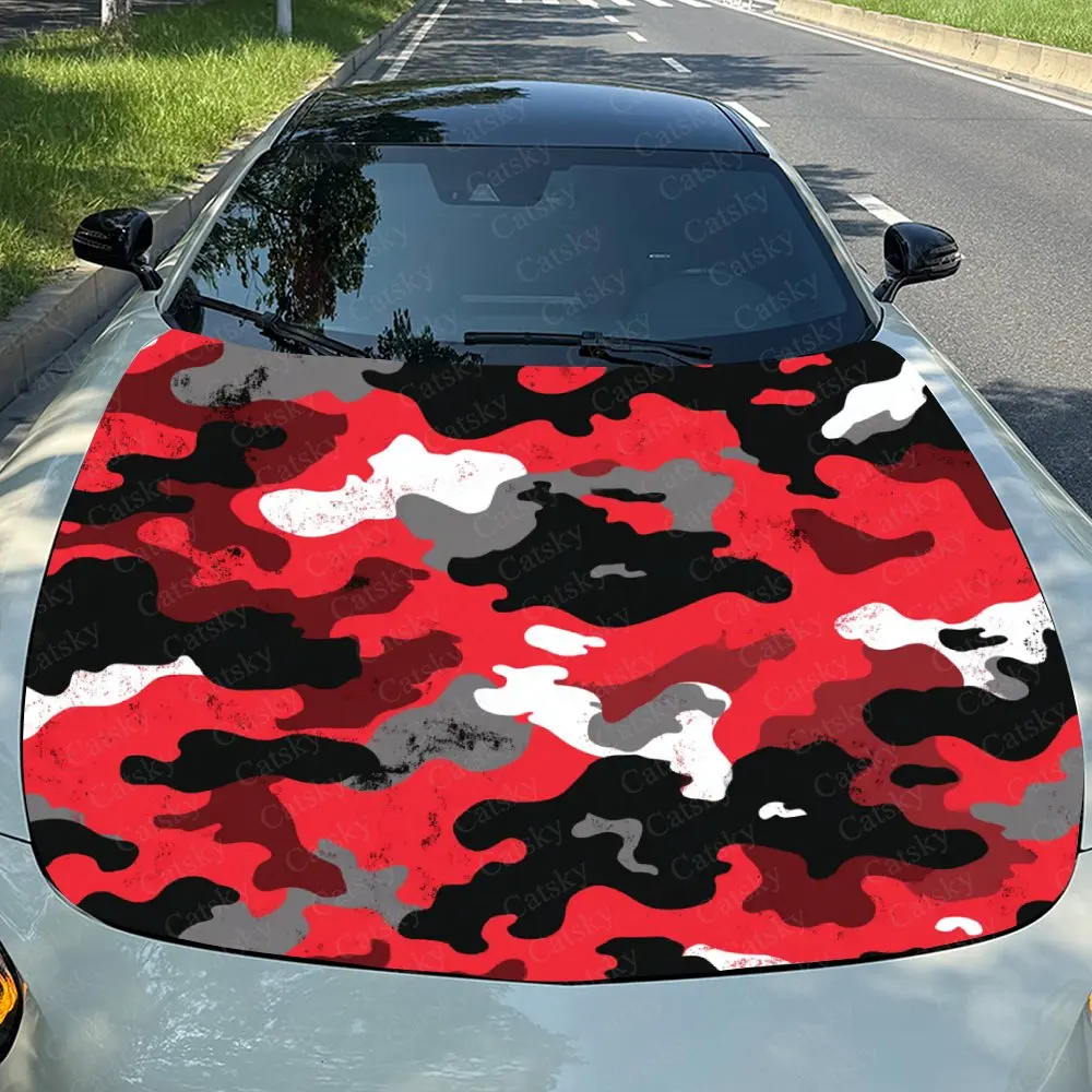 Red Camouflage Pattern Car Hood Decal - Durable Self-Adhesive PVC Sticker For Cars, Motorcycles, Vehicle Hood Decoration