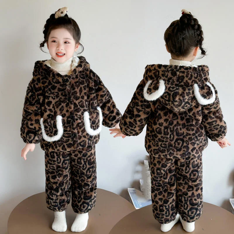 

Winter Girls Leopard Print Cotton-Padded Coat 2-Piece Outfit Thicken Warm Joggers Pants Furry Outerwear Loungewear Kids Clothes