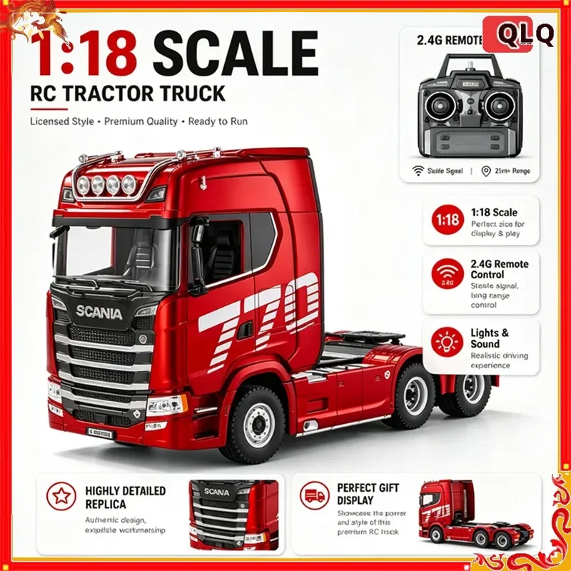 Huina 1/18 19CH RC Truck 1501 770S Alloy Tractor 2.4G Remote Control Engineering Trailer Truck with Light And Sound for Kids Toy