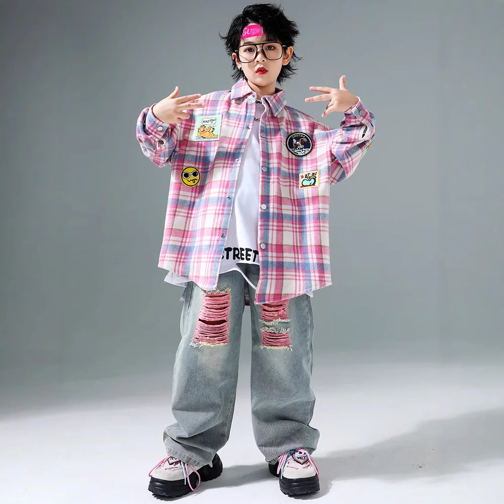 Kid Cool Hip Hop Clothing Pink Plaid Shirt Top Denim Casual Street Jogger Cargo Pants for Girl Boy Jazz Dance Costume Clothes