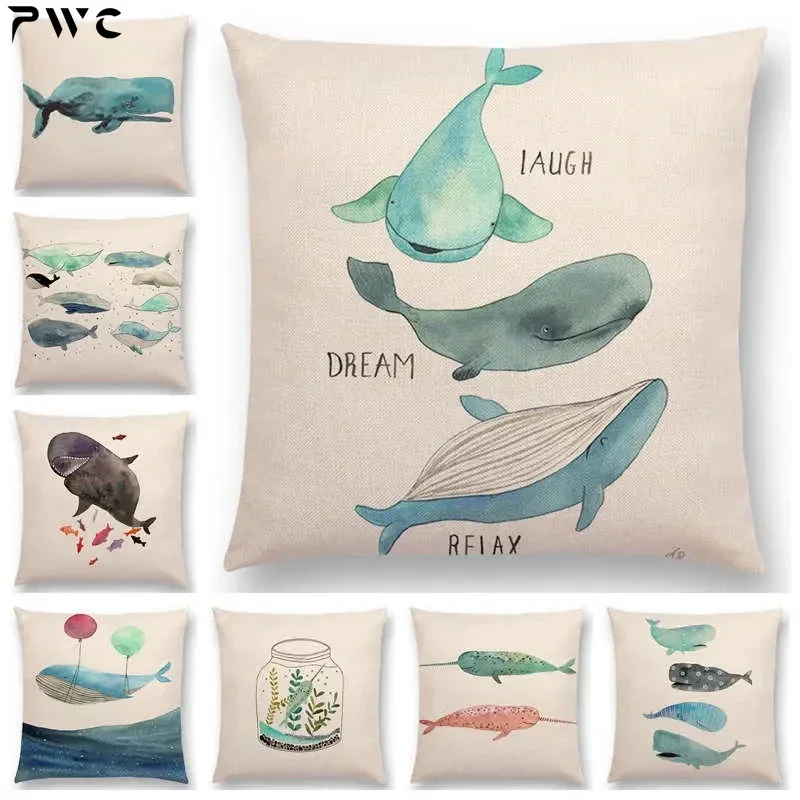 Newest Fashion Nordic Style Whale Cushion Cover Ocean Whales Home Pillow Case Linen Cotton Pillows Covers