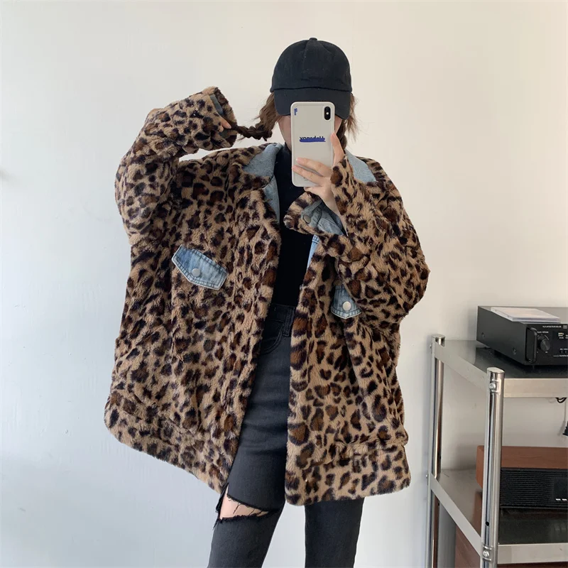 Autumn and Winter Cotton Retro Style Double-sided Wearable Plus Plush Thick Women\'s Leopard Print Denim Jacket Jacket Loose Fit