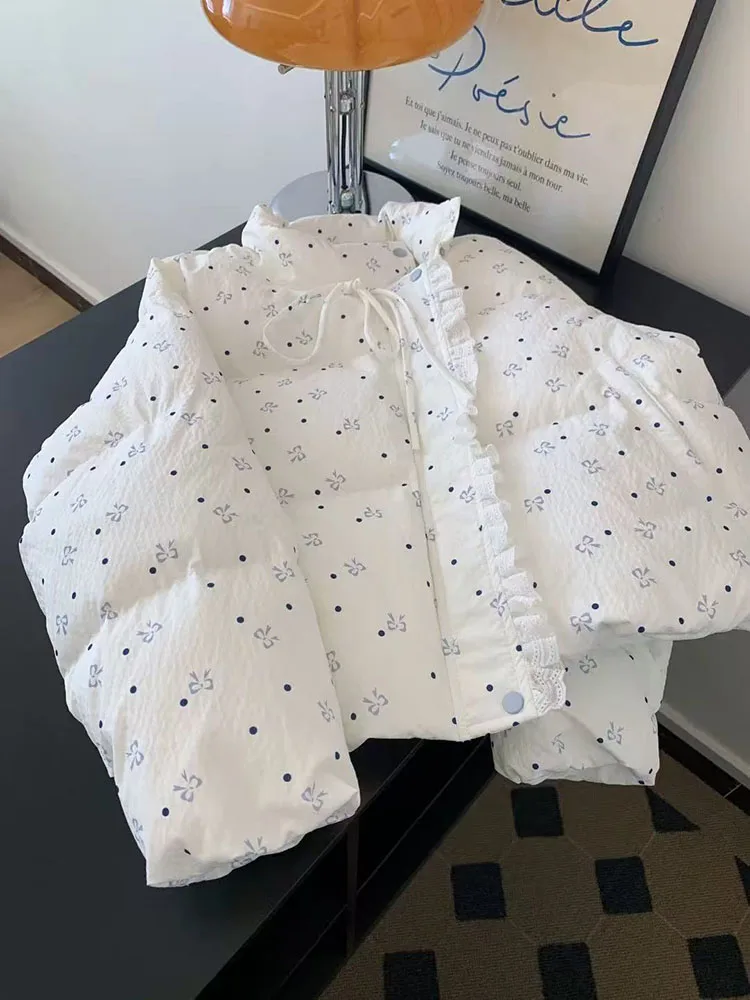 الدانتيل المرقعة سترات للإناث Y2K الكورية فضفاضة Preppy سترة منفوخة غير رسمية الحلو القوس الطباعة سميكة سستة رقيق أسفل معاطف