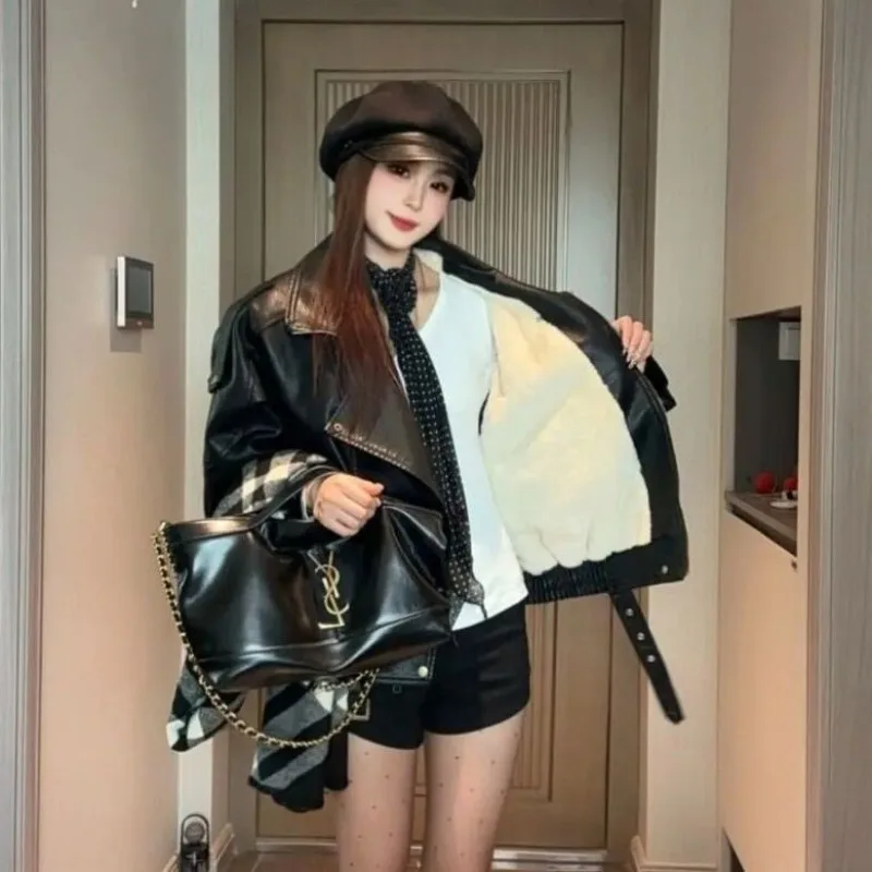 Fleece And Thick Autumn And Winter New Leather Jacket Women's Hong Kong style Versatile Leather Jacket Loose Locomotive Clothes
