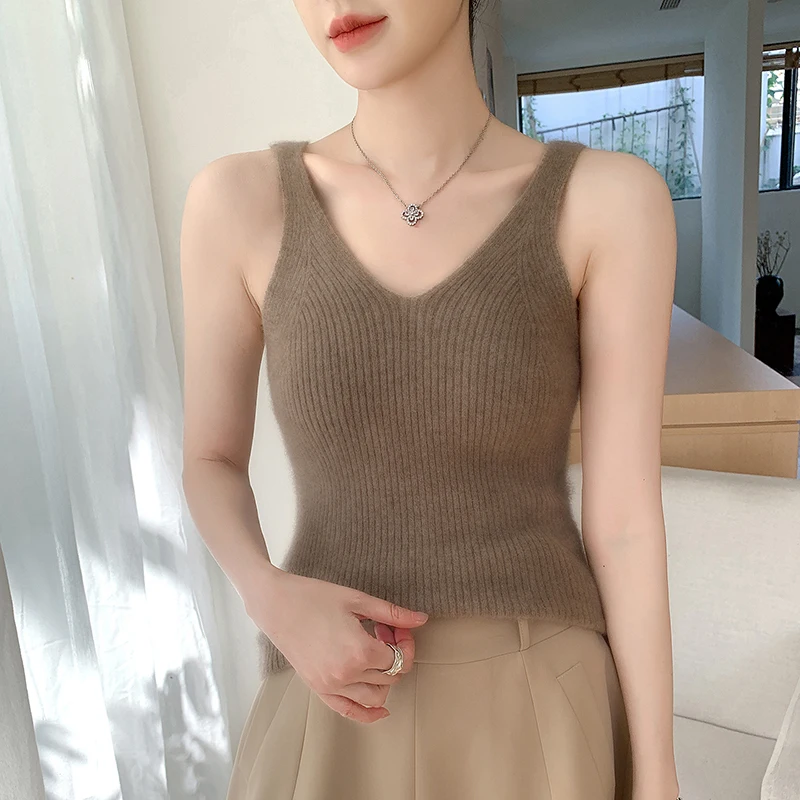 

Женский 100% кашемировый мягкий клейкий камзол с v-образным вырезом, универсальный жилет на весну, осень и зиму, облегающий простой вязаный свитер, топ