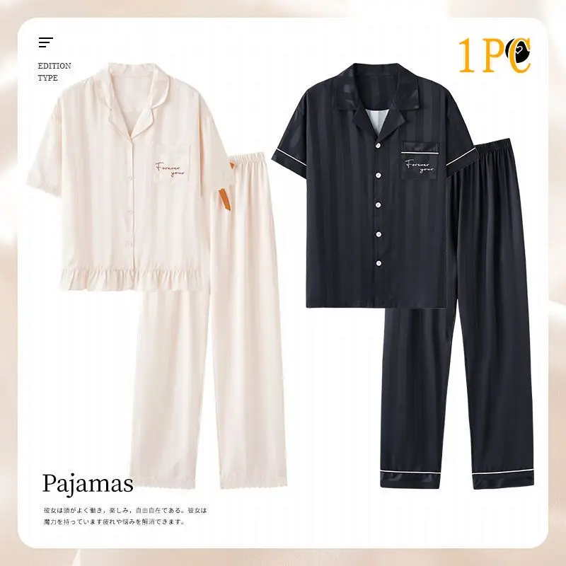 New Silk Stain Couple Pajamas Sets Women Lace Trim Men Solid Color Home Clothing Lovers Short Sleeves Long Pant Loungewear M-3XL