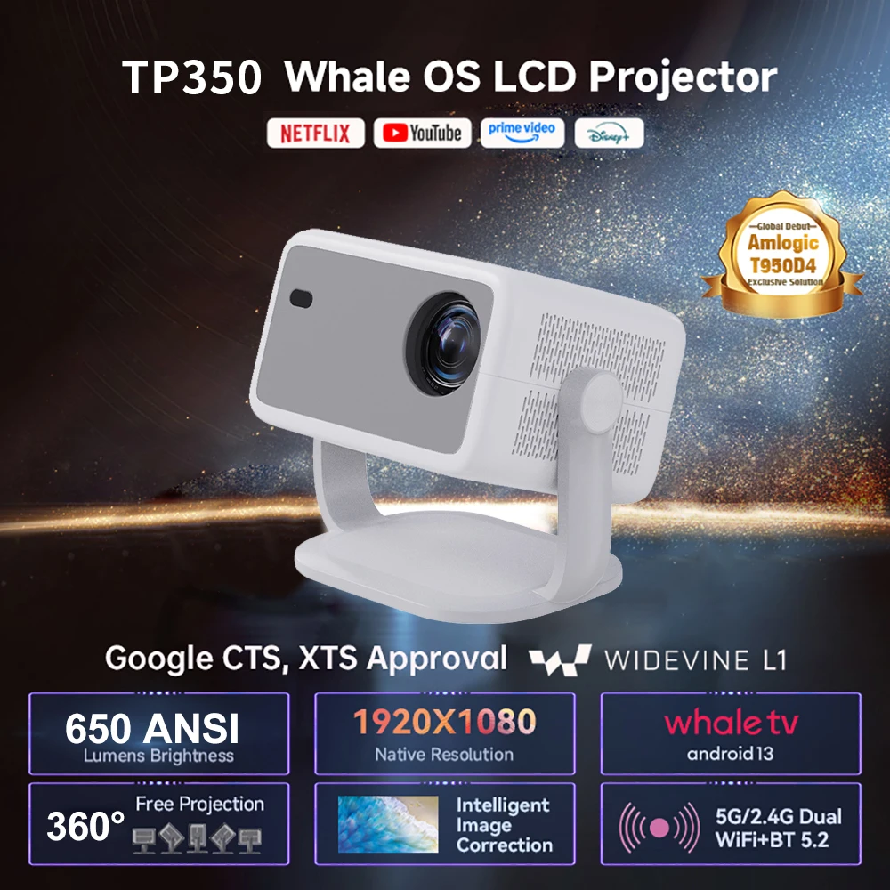 TP350 Projector 4K Netflix Certification Android 13 650ANSI 1080P Native Wifi6 BT5.2 Portable Projector Auto Keystone Correction