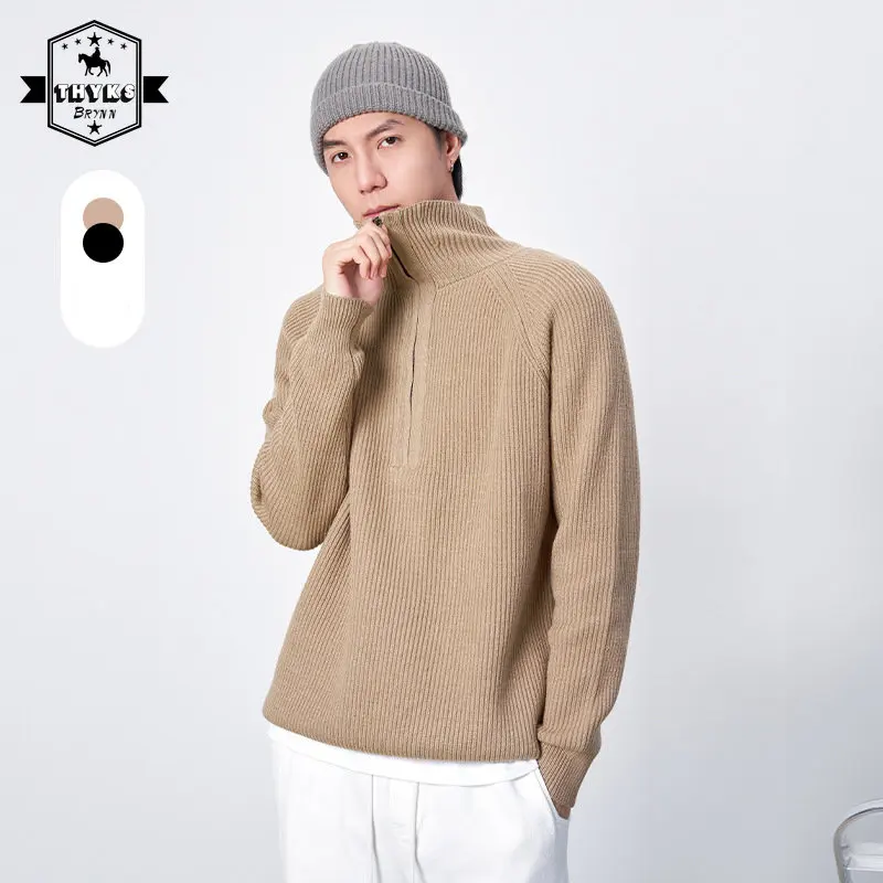 Men's Zippers Sweater Simple Turtleneck Long Sleeves Pullover Causal Loose Korean Couple Knitted Top Mens Clothes AutumnWinter