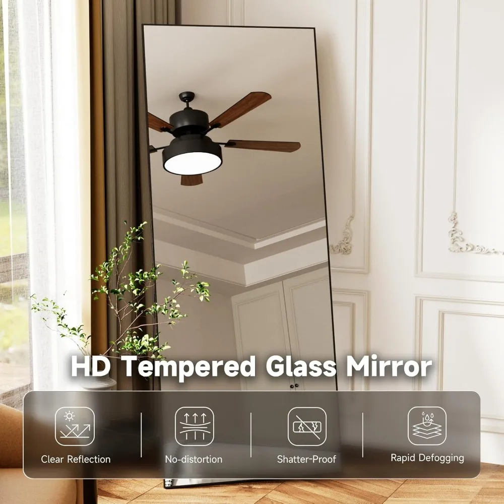 Rechteckiger Standspiegel mit schwarzem gehärtetem Glas, Wandspiegel aus Aluminiumlegierung in voller Länge für Schlafzimmer