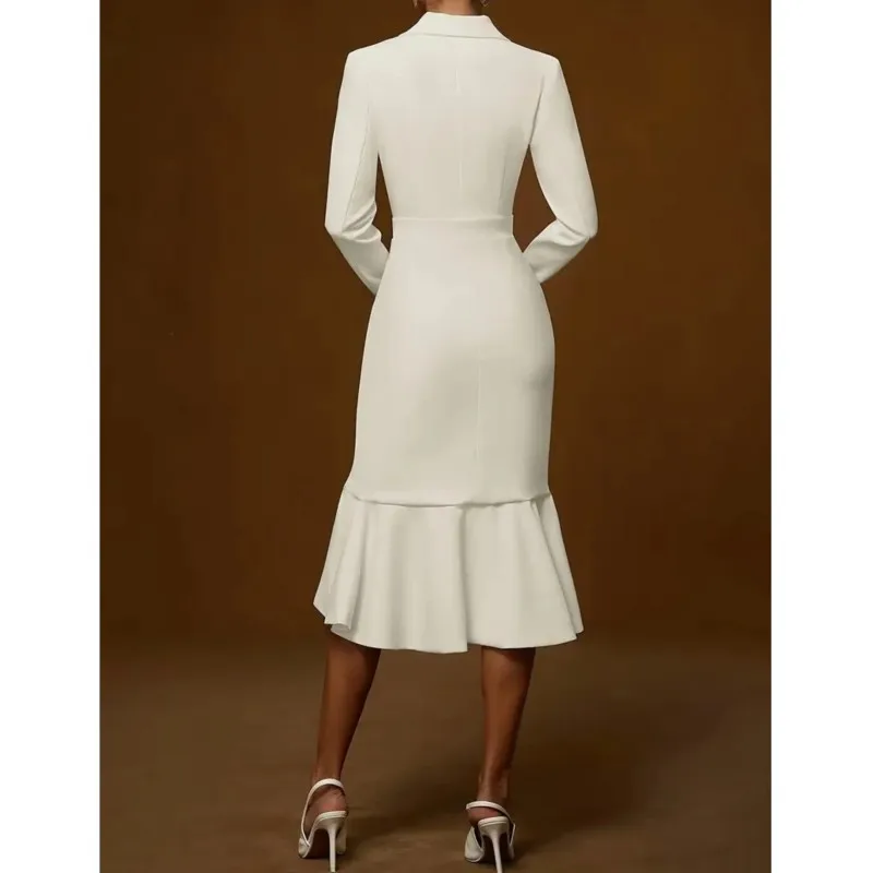 Abito da pendolarismo alla moda 2025 Vita alta Slim Tinta unita Casual Volant Abito a coda di pesce Scollo a V Manica lunga Serata di festa per signora